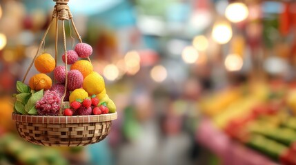hovering basket with fruits, blurry market stall background