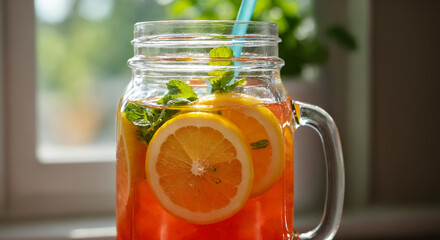 Refreshing iced tea with lemon and mint in a glass jar