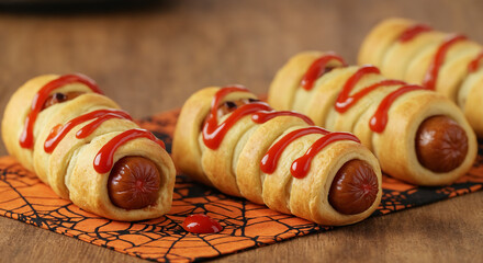 Halloween-themed sausage rolls with ketchup on a festive napkin