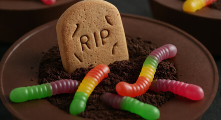 Chocolate graveyard pudding cup with cookie tombstone and candy worms