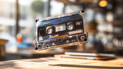 Fototapeta premium hovering cassette tape, blurry retro desk background