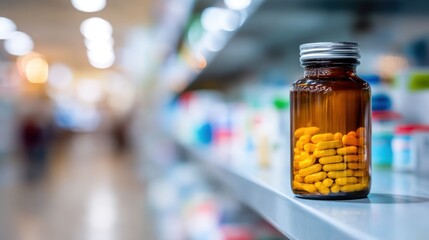 hovering medicine bottle open, blurry pharmacy shelf background