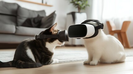 Fototapeta na wymiar Two Adorable Cats Wearing Virtual Reality Headsets, Immersive Technology Experience, Cozy Home Environment, Pet Tech Interaction, Modern Lifestyle, Playful Digital Innovation