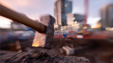 hovering hammer mid-swing, blurry construction site background