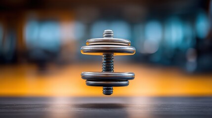 hovering dumbbell mid-air, blurry gym background