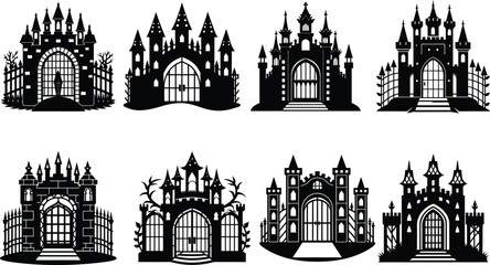 Obraz premium Haunted castle silhouettes with spooky gates and towers, ideal for Halloween themes, horror illustrations, and scary vector