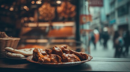 Indian butter chicken with naan bread, blurry spice shop interior background