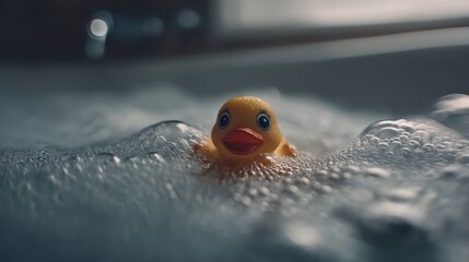 hovering rubber duck, blurry bathtub background