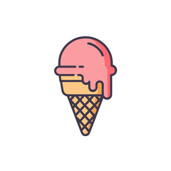 Pink ice cream scoop melting on waffle cone in minimal design  