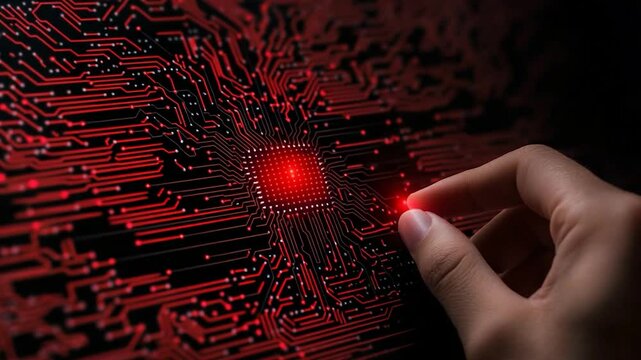 Digital Interaction: A Close-Up of a Finger Interacting with a Glowing Red Circuit Board, Symbolizing Technology, Innovation, and Connectivity.