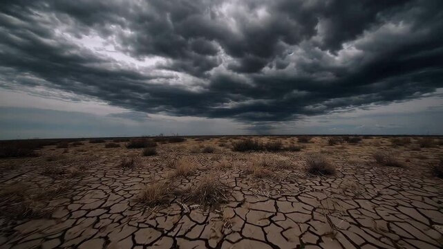 Dark clouds gathering over dry cracked earth