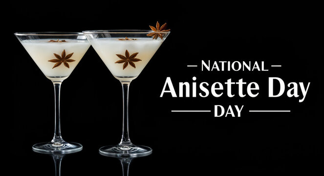 National Anisette Day celebration banner with two cocktails garnished with star anise on black background