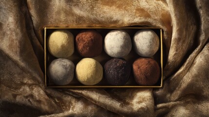 luxury chocolate truffles in golden box, velvet background and soft light