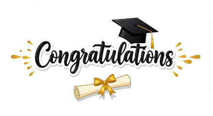 Congratulations with graduation cap, diploma, gold accents, and elegant script on a white background