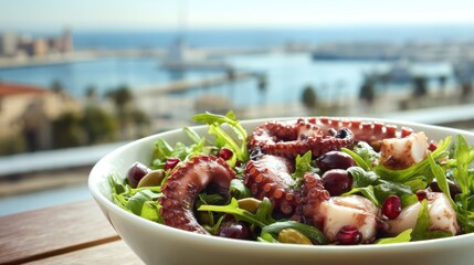 octopus salad with greens, blurry Mediterranean port background