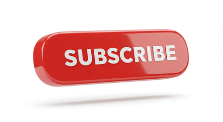 A red subscribe button with white text floating on a white surface in a studio setting