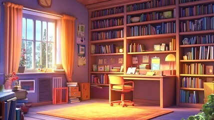 A colorful and modern home office or study with large bookshelves