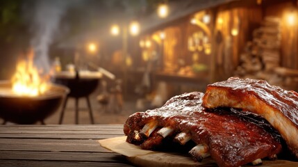 pork ribs with BBQ sauce, blurry outdoor smokehouse background