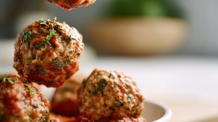 floating meatballs in tomato sauce, blurry Italian family kitchen background