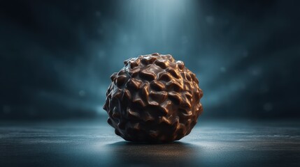 realistic chocolate truffle with glossy surface, cinematic lighting, on dramatic background