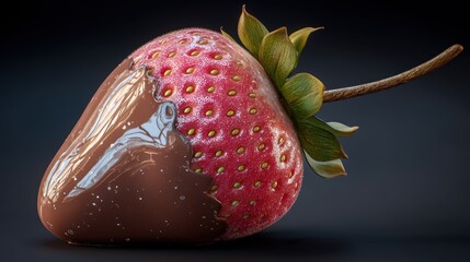 realistic chocolate-dipped strawberry with gloss and texture, cinematic macro lighting