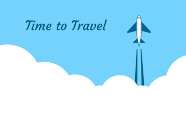 Airplane flying in the sky, clouds and text time to travel on a blue background. Vector illustration. Horizontal background with space for text. Banner for discount and advertising of vacation.