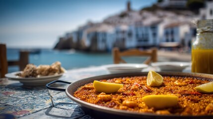 seafood paella with lemon wedges, blurry Spanish coastal restaurant background
