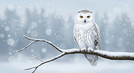 Snowy Owl on Branch in Winter Snow Pixel Art Serenity and Calm
