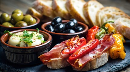 tapas set with jamÃ³n, manchego, stuffed peppers, olives and rustic bread