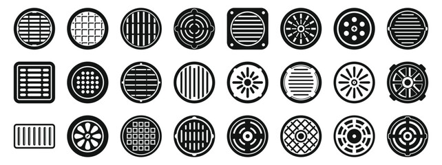 Drain manhole icons set. Various vent designs featuring circular and square shapes for industrial use