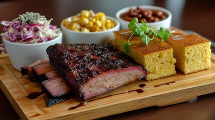 a BBQ set with pulled pork, coleslaw, baked beans and cornbread