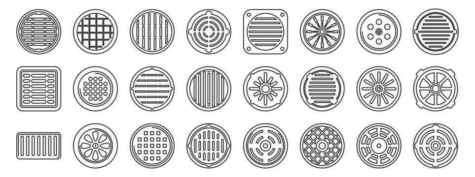 Drain manhole icons set. Set of ventilation grilles representing various shapes, patterns, and functionalities, suitable for architectural or industrial design projects