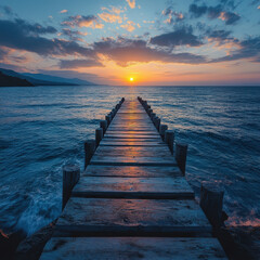 Obraz premium Sunset pier silhouette against colorful sky.