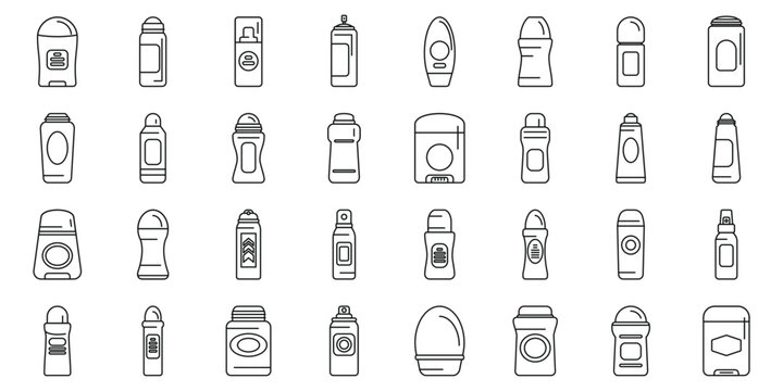 Antiperspirant bottles icons set. Outline illustrations of various deodorant container designs