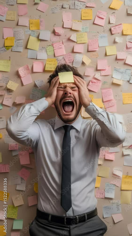 Poster stressed businessman is screaming with a sticky note on his forehead, his hands on his head, while s