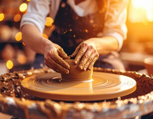 Young adult crafting pottery on wheel in warm lit studio
