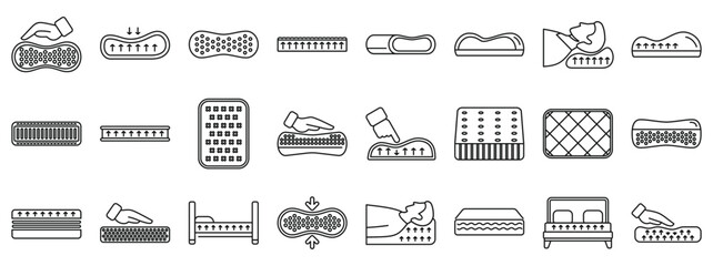 Memory foam icons set. Orthopedic mattresses and pillows providing pressure relief and promoting proper spinal alignment for comfortable and restful sleep
