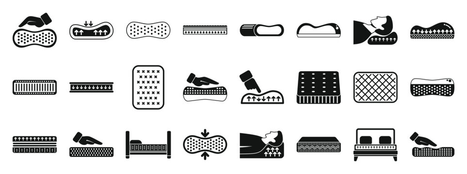 Memory foam icons set. Orthopedic mattress toppers provide pressure point relief, promoting proper spinal alignment and enhancing sleep comfort