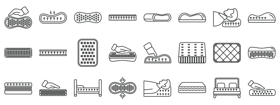 Memory foam icons set. Orthopedic mattresses and pillows providing pressure relief and promoting proper spinal alignment for comfortable and restful sleep