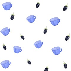 set of blue  cups and blue berry, pastel kitchen decor, floral vase illustration, hand-drawn drink, minimal kitchen pattern,