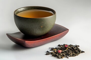 A ceramic teacup and saucer with loose leaf tea.