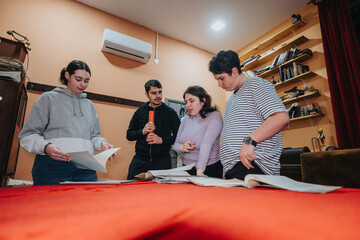 A group of young actors actively collaborating backstage in a theatre, preparing and reviewing materials together in a creative environment. The setting includes unique theatrical props and ambiance.