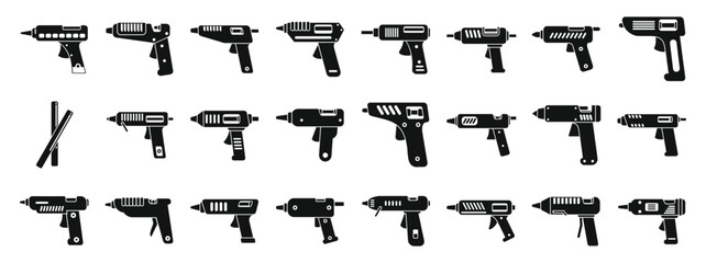 Hot melt glue icons set. Collection of diverse glue gun icons in solid black, representing various models used for adhesion in crafts, repairs, and diy projects