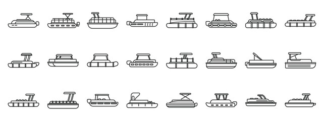 Pontoon boat icons set. Exploring various pontoon boat designs, showcasing diverse sizes and styles for recreational water activities © anatolir