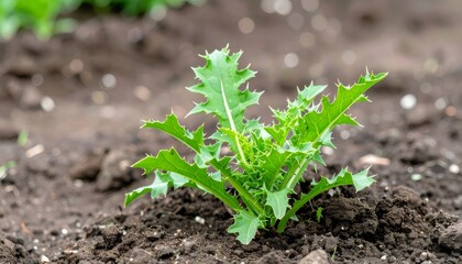 Young thistle sprouting in cultivated field, displaying sharp edged green foliage with delicate emerging spines