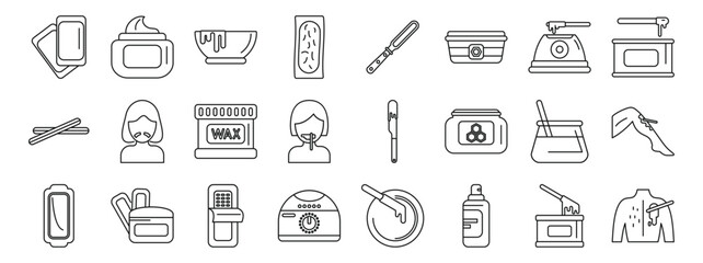 Wax depilation icons set. Depilation and epilation waxing methods and tools outline icon set for beauty salons and treatments