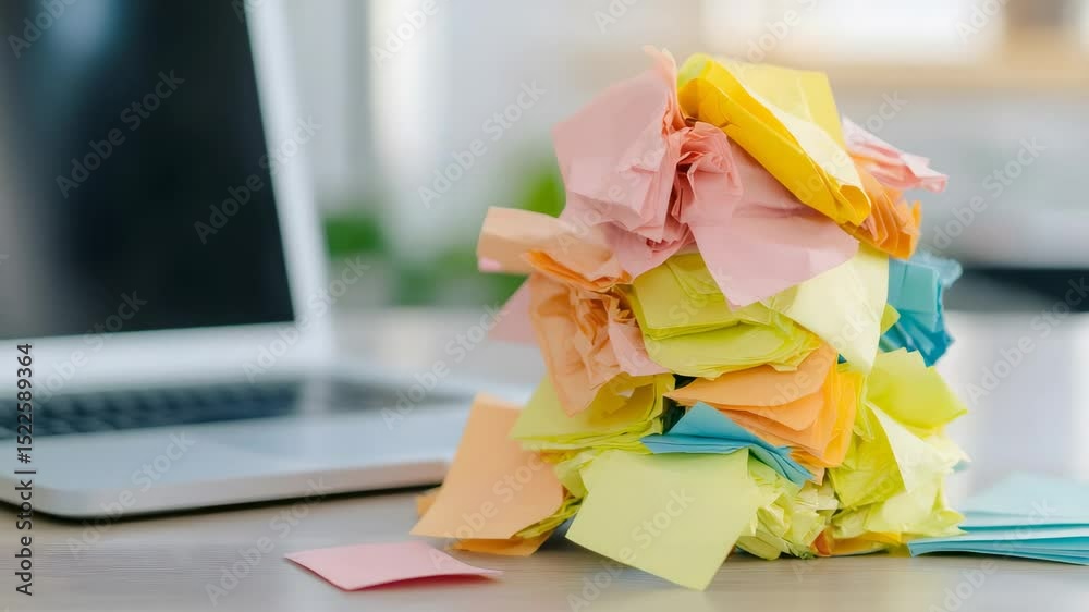 Poster many colorful crumpled sticky notes stacked on office desk with laptop in background, symbolizing wo