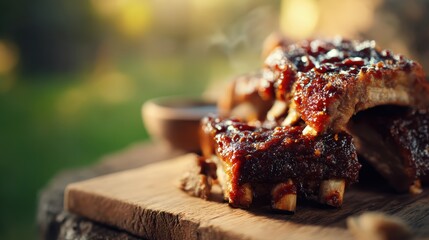 pork ribs with BBQ sauce, blurry outdoor smokehouse background
