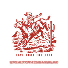 Vintage retro hand drawn cowboy rodeo riding his bull vector