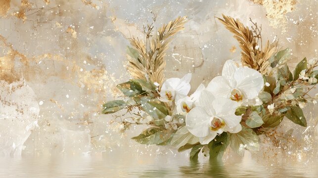 Elegant Orchid and Ceremonial Wreath on Golden Background &ndash; Symbol of National Celebration and Cultural Pride